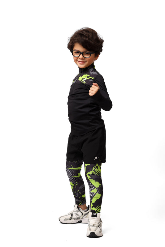 Boys’ Black and Green Double-Layer Performance Leggings with Shorts – Dry Fit