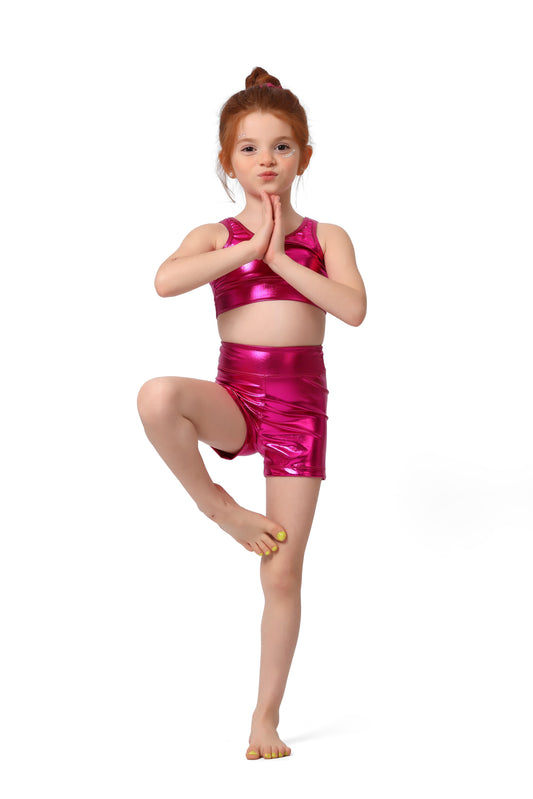 Girls’ Metallic Hot Pink Gymnastics Training Set – Stretch Lycra Fabric