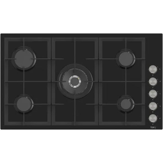 TEVA Built-In Gas Hob, 90 CM, German Black Glass, 8 ML, 5 Burners, Turkey