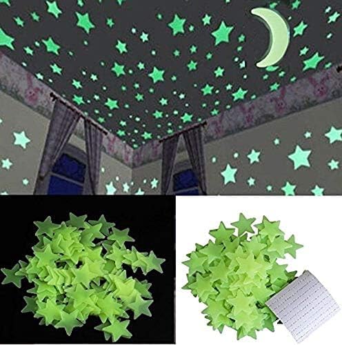 Fluorescent Glow in The Dark Star Wall Sticker (100 Stars and Moon, 3x3cm, Green)
