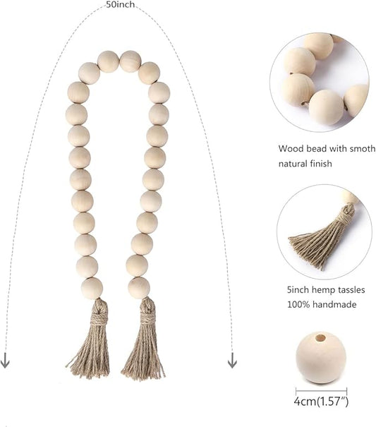 Elifel Farmhouse Decor Large Wooden Bead Garland, 50" Long with 1.6" Diameter Beads, Natural Wood & Jute, Round Shape, Wood Color