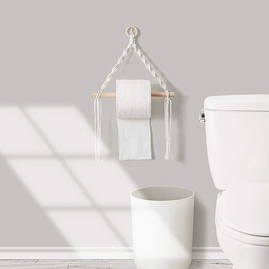Macrame Wall Hanging Decorative Kitchen Tissue Toilet Paper Holder Natural Cord Bohemian Bathroom Decor (Beige)