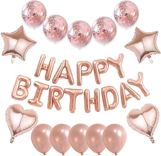 27 Pcs Rose Gold Birthday Decorations, 3D Foil Rose Gold Happy Birthday Balloon Banner, Pentagram Heart Foil Balloons Confetti Balloons Kit For Boys Girls Birthday Party Supplies
