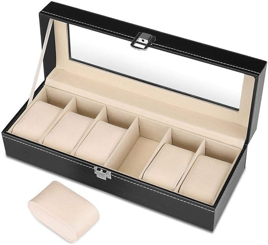 Watch Organizer, 6 Slot Watch Box PU Leather Watch Storage Case with Lock and Key, Birthday Fathers Day Mothers Gifts Presents for Men and Women