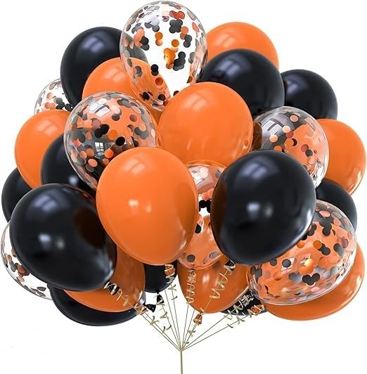 "Orange and Black Party Balloons Set with Confetti - Perfect Decoration for Halloween and Festive Events"