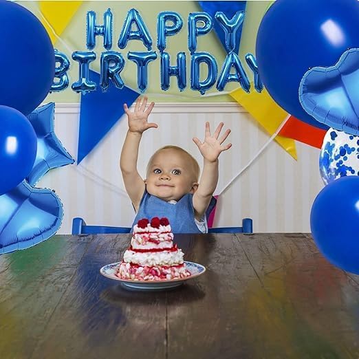 27 Pcs Dark Blue Birthday Decorations, 3D Foil Dark Blue Happy Birthday Balloon Banner, Pentagram Heart Foil Balloons Confetti Balloons Kit For Boys Girls Birthday Party Supplies