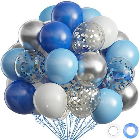 "Premium Party Balloons Set - Blue and Silver Colors with Clear Blue and Silver Confetti Balloons - Perfect for Events and Birthdays"