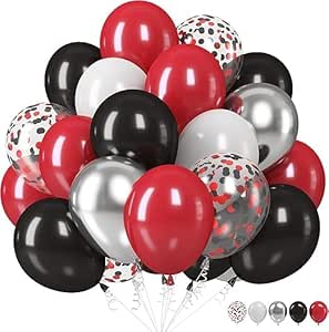 "Premium Party Balloons Set - Red, Black, White, Silver with Red and Black Confetti Clear Balloons - Perfect for Birthday Party Decorations and Festive Events"
