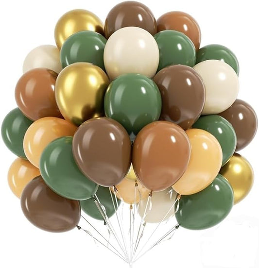 Green and Brown Balloons, 60pcs 12 Inch Safari Balloons with Sage Green Brown Nude Metallic Gold Latex Balloons for Jungle Forest Baby Shower Birthday Party Decorations
