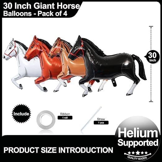 4 Pcs 30 Inch Horse Balloons Aluminum Foil Horse Balloons Perfect for Horse Theme Party Decorations, Such as Birthday Party, Baby Shower, Cowboy Party.