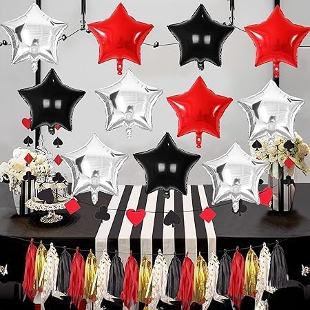Silver Red Black Star Balloons Set - 12 Pieces - Modern Design Easy to Inflate for Events and Parties