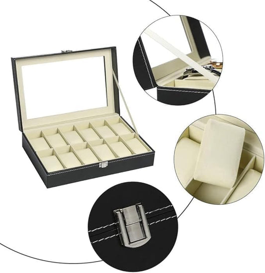 Watch Organizer Large 12 Slot Watch Display Case Organizer With Glass Lid,Watch Box Organizer For Men, Mens Jewelry Box With Removable Pillow,Black PU Leather
