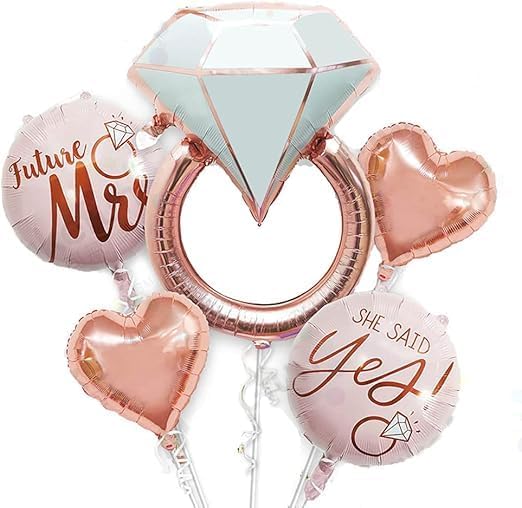 Diamond Ring Foil Balloon Set, 5pcs Bridal Shower Supplies for Bridal Shower Bride to be Party Wedding Engagement Decoration
