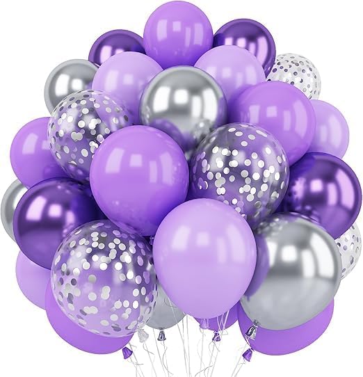 "Magical Purple Balloons Set - Mix of Violet, Lavender, Silver, and Clear Balloons with Silver Crystal Accents - Decorate Your Party with Style and Class"