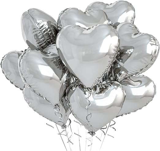 Silver Heart Foil Balloons - 10 Pcs Silver Heart Balloons, 18 Inch Valentines Day Balloons, Love Foil Balloons Helium Balloons for Birthday Decoration, Valentine's Day, Wedding, Baby Shower