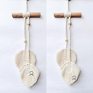 Macrame Kn0ts Leaves Wall Hanging Boho Feather Wall Decor Leaf Yarn Wall Hanging Tapestry Handmade Woven Wall Art For Bedroom Nursery Home Decor (Set of 2) (Off-White)