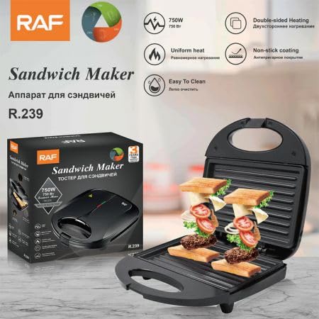 RAF 850W Grill Maker with Non-Stick Plates, Indicator Lights, Cool Touch Handle R.239 (Black)