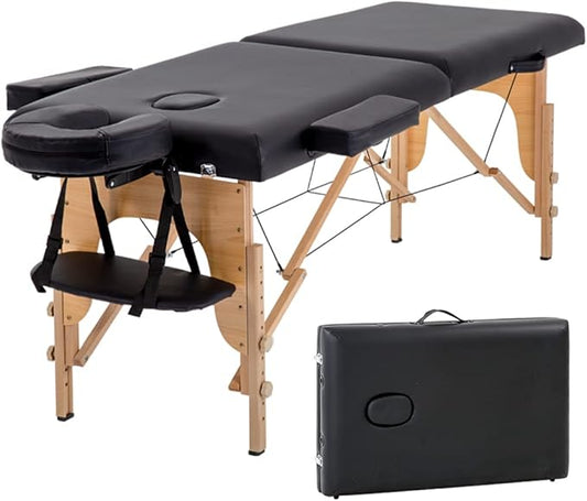 Portable Massage Table Folding with Free Accessories, Wooden/Aluminum 84" Bed 2" Cushion 2/3 Section Massage Spa Bed,Height-Adjustable Salon Bed… (Beech Black 2 Section)