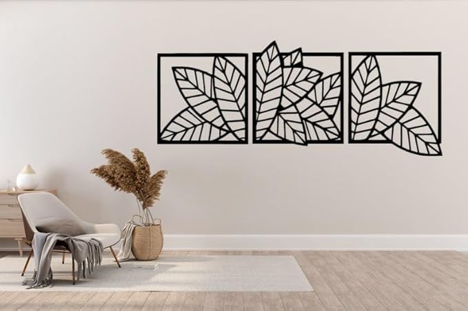 Home Gallery Leaves shape 4 panels Wood Wall art Black 60x180 H01627