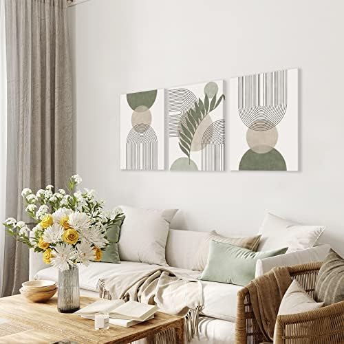 KBKBART Sage Green Boho Wall Art Set of 3, Minimalist Framed Geometric Line Leaf Sun Moon Beige Canvas Artwork Paintings, Abstract Botanical Room Decor, Posters & Prints