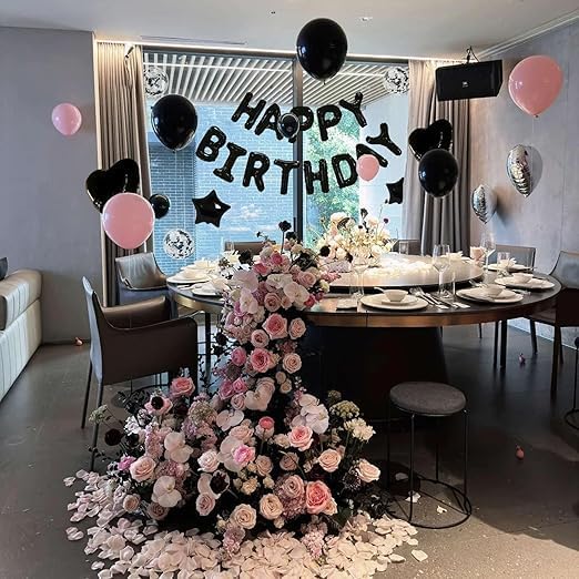 27 Pcs Black Birthday Decorations, 3D Foil Black Happy Birthday Balloon Banner, Pentagram Heart Foil Balloons Confetti Balloons Kit For Boys Girls Birthday Party Supplies