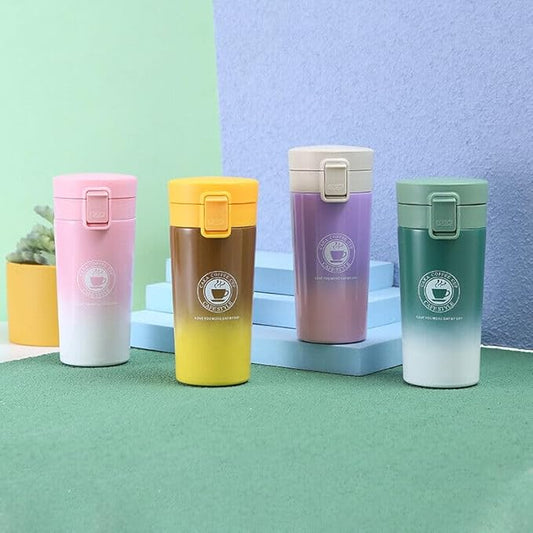 380ml Stainless Steel Double Wall Vacuum Insulated Coffee Tea Mug Travel Mug Water Bottle with Mesh Filter and Flip Lid to Keep Drinks Cold and Hot up to 6 Hours, 380ml (Brown/Yellow)