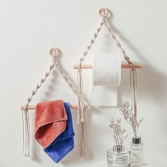 Macrame Wall Hanging Decorative Kitchen Tissue Toilet Paper Holder Natural Cord Bohemian Bathroom Decor (Beige)