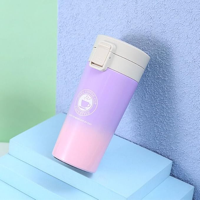 380ml Stainless Steel Double Wall Vacuum Insulated Coffee Tea Mug Travel Mug Water Bottle with Mesh Filter and Flip Lid to Keep Drinks Cold and Hot up to 6 Hours, 380ml (Brown/Yellow)