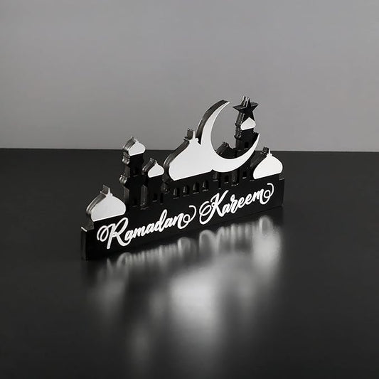 IWA CONCEPT | Wooden Acrylic Islamic Tabletop Decors | Ramadan Kareem and Eid Mubarak Decoration | Islamic Muslim Gifts | Ramadan Eid Decoration | (Ramadan Kareem-5, Silver)