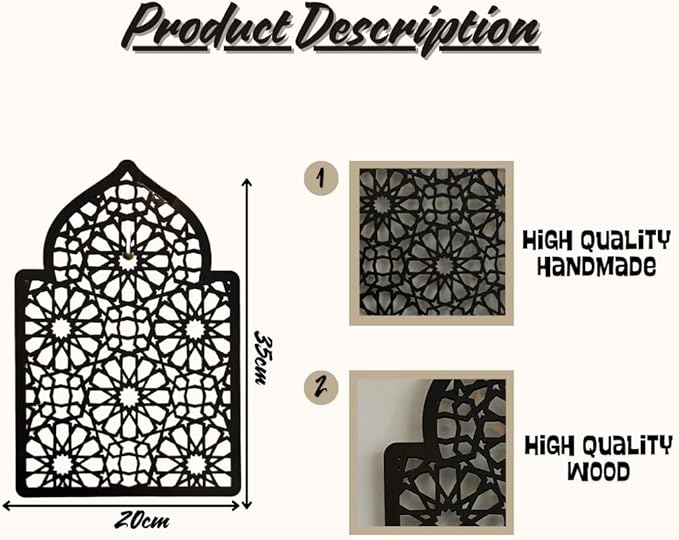 Ramadan Decor Set - Islamic Macramé with 5 Pieces of Natural Cotton Threads and Laser-Cut Wood Featuring Elegant Islamic Patterns