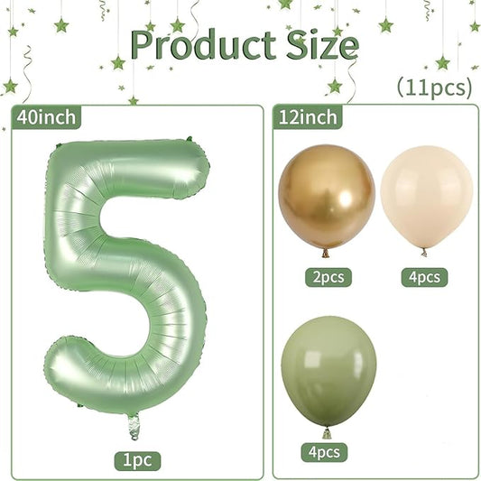 40 Inch Sage Green Number 5 Balloon, Olive Green 5th Birthday Balloons, Retro Sand White Avocado Green Gold Latex Balloons Giant 5 Foil Balloon for Baby Boy Girl 5th Birthday Jungle Party Decorations