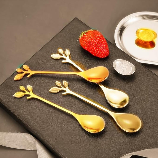 12 Pieces Stainless Steel Leaf Shape Mini Dessert Spoons Forks Set, 4.7" Home Kitchen Tableware Demitasse Espresso Dishwasher Safe Coffee Cake Dessert Stirring Sugar Stir Ice Cream Fruit Teaspoon Fork