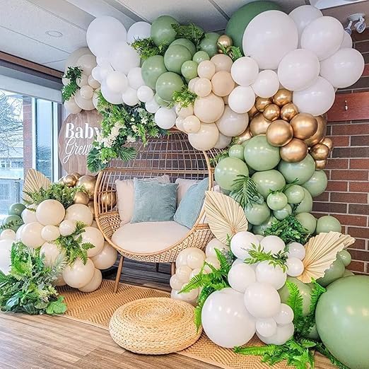 Sage and Olive Green Balloon Set 105 pieces 12 inch latex balloons perfect for decorating birthdays, graduation parties, weddings, baby showers, anniversaries and New Year celebrations with attractive design.