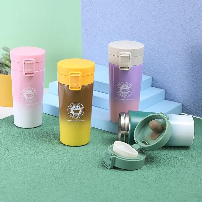 380ml Stainless Steel Double Wall Vacuum Insulated Coffee Tea Mug Travel Mug Water Bottle with Mesh Filter and Flip Lid to Keep Drinks Cold and Hot up to 6 Hours, 380ml (Brown/Yellow)