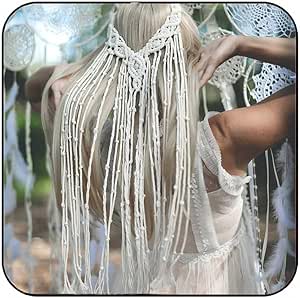 GORTIN Macrame White Headbands Macrame Wedding Veil Feather Headband