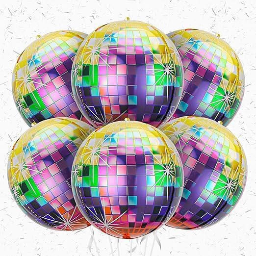 Set of 6 3D Disco Mirror Balloons, Elegant Design Shiny Rainbow Color, Perfect for Parties and Special Occasions
