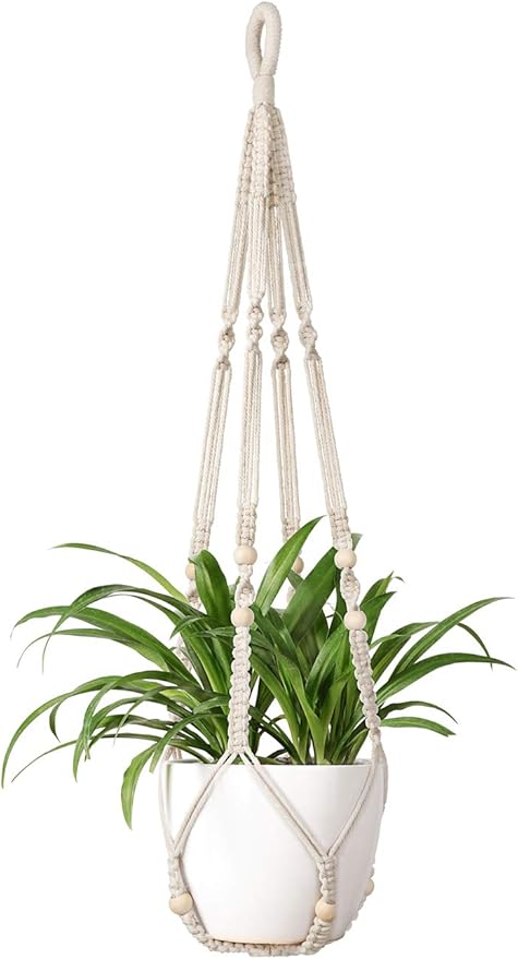 Mkono Macrame Plant Hanger Indoor Hanging Planter Basket with Wood Beads Decorative Flower Pot Holder No Tassels for Indoor Outdoor Boho Home Decor 35 Inch, Ivory