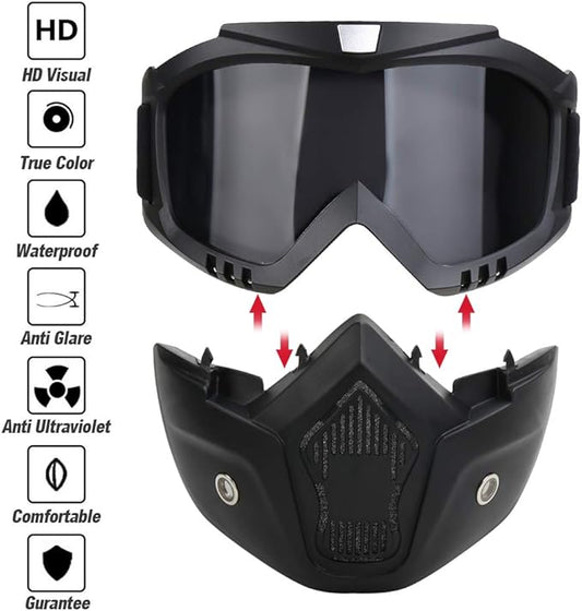 Motorcycle Goggles Mask Detachable, Vintage Open Face Helmet Mask Detachable Sunglasses Protect Padding Ski Motocross Goggles Harley Helmet Sunglasses, Road Riding UV Motorbike Glasses (Grey)