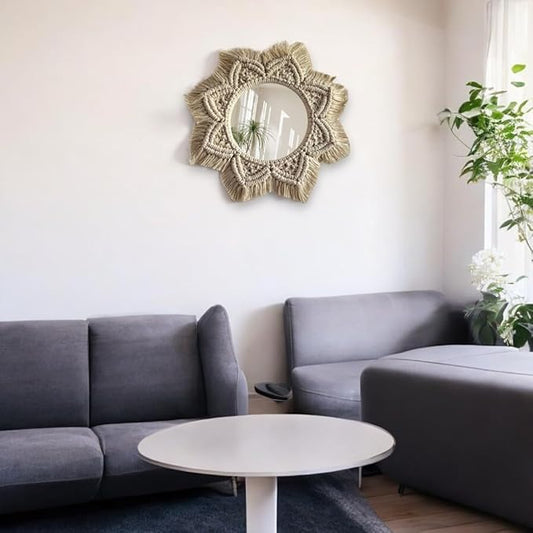 Handmade Cotton Macrame String Wall Mirror for Living Room Dining Room Bedroom Bathroom Kitchen Entryway Hallway- Gift (Medium)