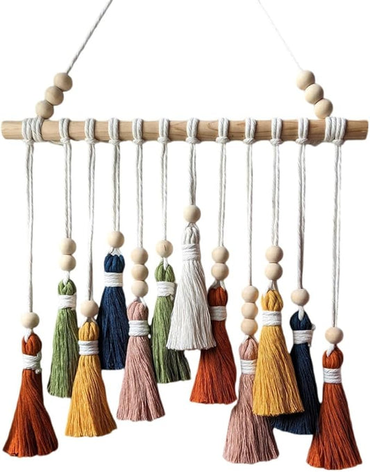 Macrame Wall Hanging, Boho Decorative Macrame Tapestry, Coloured Woven Wall Hanging with Wooden Beads, Chic Tapestry, Fringe Garland for Bedroom, Living Room, Children's Room