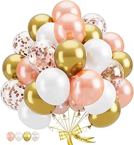 Rose Gold Confetti Latex Balloons, 60 Pcs Rose Gold and White Balloons 12 inch Metallic Gold Balloons Shiny Birthday Balloons for Women Girls Wedding Bridal Shower Party Decorations