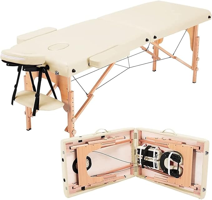 Coolbaby professional portable massage table lash bed, spa bed height adjustable folding tote bag for therapeutic tattoo salon facial treatment (beige) kybj-303-srk4