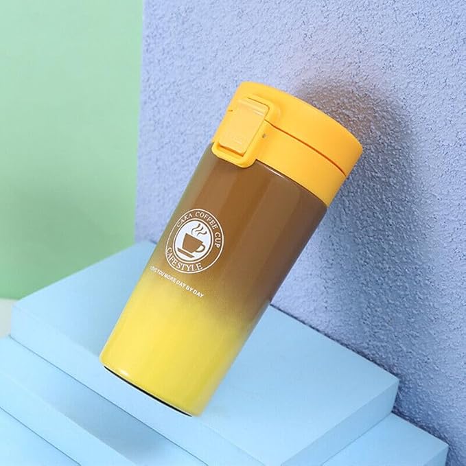380ml Stainless Steel Double Wall Vacuum Insulated Coffee Tea Mug Travel Mug Water Bottle with Mesh Filter and Flip Lid to Keep Drinks Cold and Hot up to 6 Hours, 380ml (Brown/Yellow)