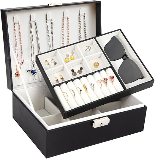 Eirsdoik Black Leather Jewelry Box Organizer with Lock,2-Layer Removable Display Storage Travel Case for Necklaces,Rings, Earrings,Bracelets