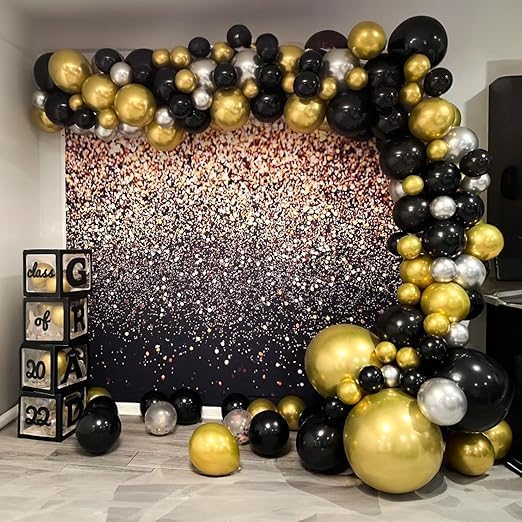 "Elegant Metallic Balloon Bouquet - Mix of Gold, Black, and Silver - Luxury Decoration for Events and Parties"