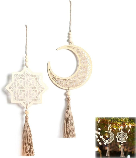 ALMEKAQUZ Eid Decoration Set: Chic Wooden Pendant Ornaments for Festive Ramadan Atmosphere(2 Pieces)