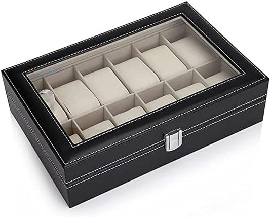 WATCH ORGANIZER-LEATHER-BLACK-12 SLOTS