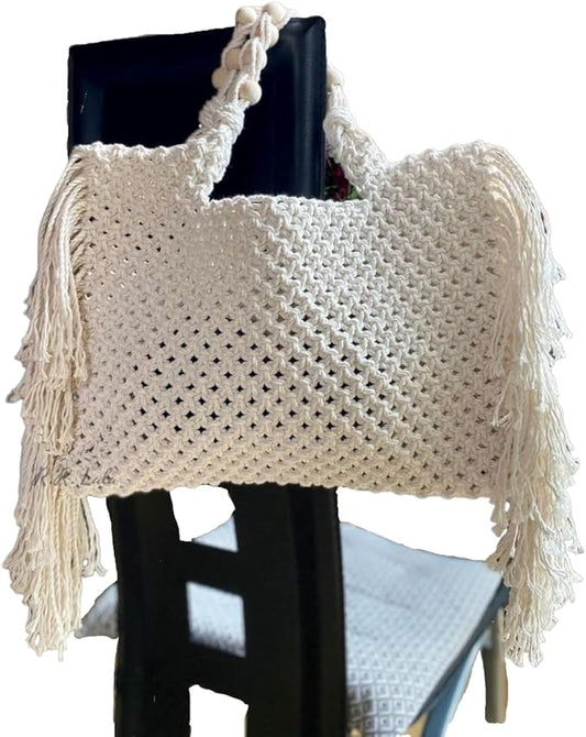 Macrame cotton bag with beads handle, best fashionable bag ivory color 100% cotton cord handwoven best for dipawali, diwali gift Off White Color