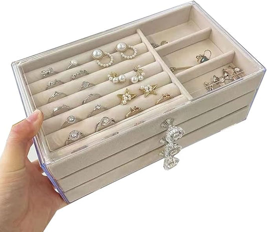 Acrylic Jewelry Organizer Box with 3 Drawers Stackable Velvet Jewelry Display Case Holder for Earrings Ring Bracelet Necklace (Acrylic Box Beige)