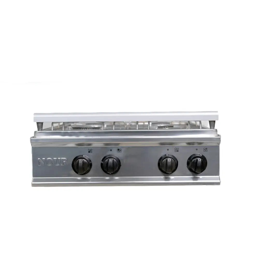 Nour Flat Gas Stove 55x55 GS-FLS 4 S - Stainless Steel four Burner with Glass Lid and Nickel-Plated Rust-Resistant Pot Holder - Silver